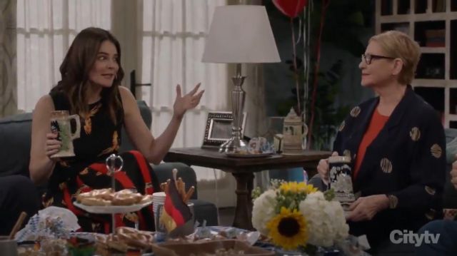 Diane Von Furstenberg Talita Bird Print Silk Pleated Sleeveless Dress worn by Heather (Betsy Brandt) in Life in Pieces (S04E13)