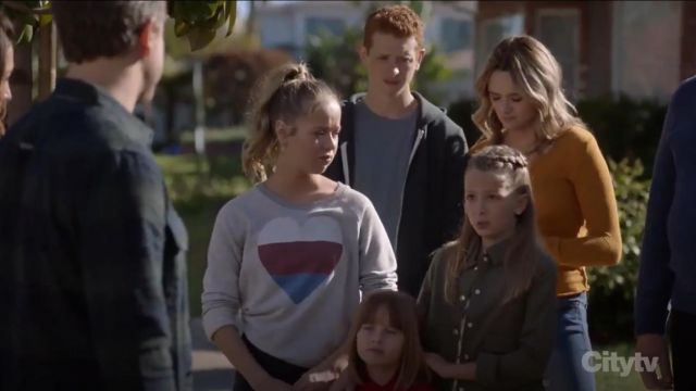 Sundry Heart Raglan Sweatshirt worn by Samantha Hughes (Holly J. Barrett) in Life in Pieces (S04E13)