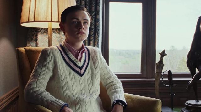 V Neck Cable Knitted White Jumper worn by Jaeden Lieberher in Knives Out