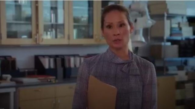 Maggy London Plaid Chiffon Fit and Flare Dress worn by Dr. Joan Watson (Lucy Liu) in Elementary (S07E07)