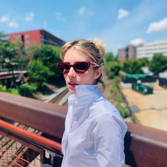 Red cat-eye shape sunglasses worn by Emma Roberts on the Instagram account @emmaroberts