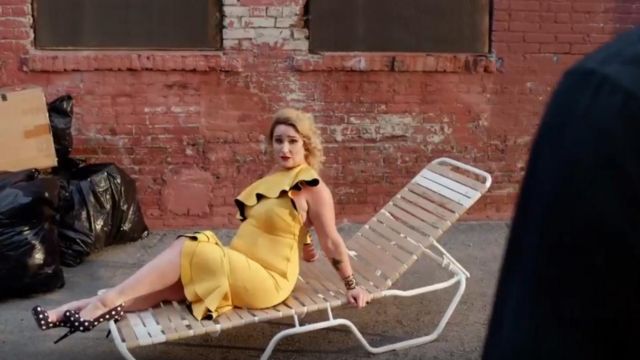 Asos Design Structured Ruffle One Shoulder Pep Hem Bodycon Dress worn by Emma Hunton in Good Trouble (Season 02 Episode 04)