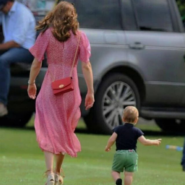 Red Mulberry mini bag worn by Catherine, Duchess of Cambridge at the Polo Club in Wokingham in England July 10th 2019