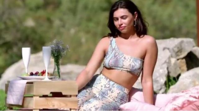 I Saw It First Blue Slinky Snake Print High Waisted Flared Trousers worn by  Francesca Allen in Love Island (Season 05 Episode 38)