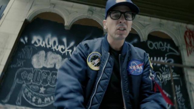 Space Patch NASA Logic Merch Bomber Jacket worn by Logic as seen in his Homicide music video feat. Eminem
