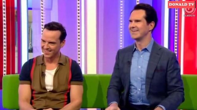 The blue shirt with long sleeves worn by Jimmy Carr on The ONE Show April 11, 2019