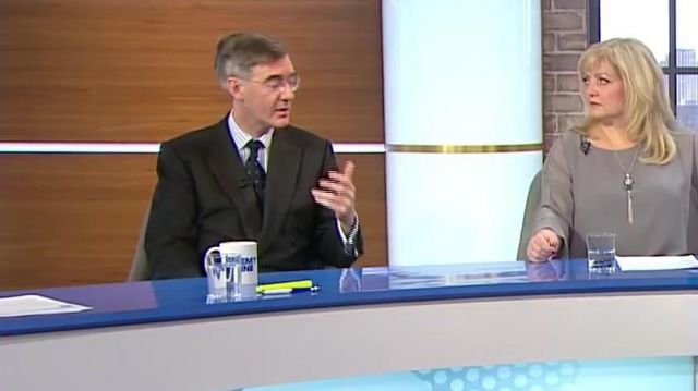 Navy blue Print Tie worn by Jacob Rees-Mogg in Jeremy Vine on Channel 5 - 11/6/2019