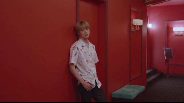 Embroidered white short sleeve shirt worn by Jin in BTS 'Lights' Official Music Video