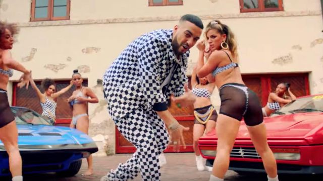Black and white checked pants worn by French Montana as seen in his Wiggle It music video feat. City Girls