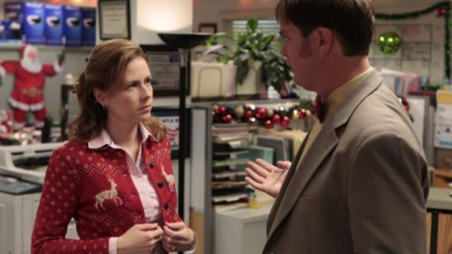 Red Reindeer Cardigan of Pam Beesly (Jenna Fischer) in The Office (S07E11)