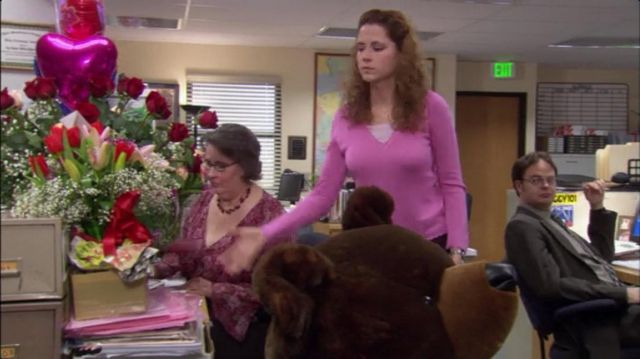 Pink V-Neck of Pam Beesly (Jenna Fischer) in The Office (S02E16)