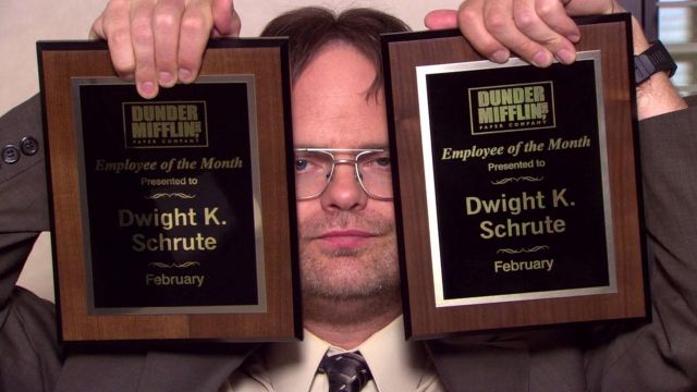 Employee of the Month Plaque of Dwight Schrute (Rainn Wilson) in The Office (Season 04 Episode 03)