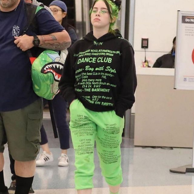 Lefthandla green slime sweatpants worn by Billie Eilish on the Instagram account @billieeilish.girl