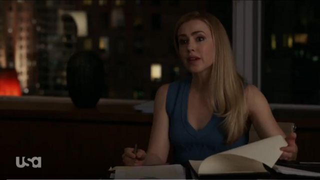 Alaia Blue Sleeveless V Neck Dress worn by Katrina Bennett (Amanda Schull) in Suits (Season 09 Episode 01)