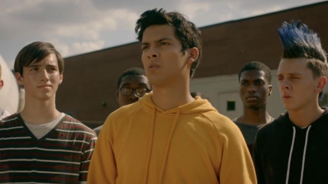 Yellow hoodie worn by Miguel (Xolo Maridueña) as seen in Cobra Kai (Season 02 Episode 02)