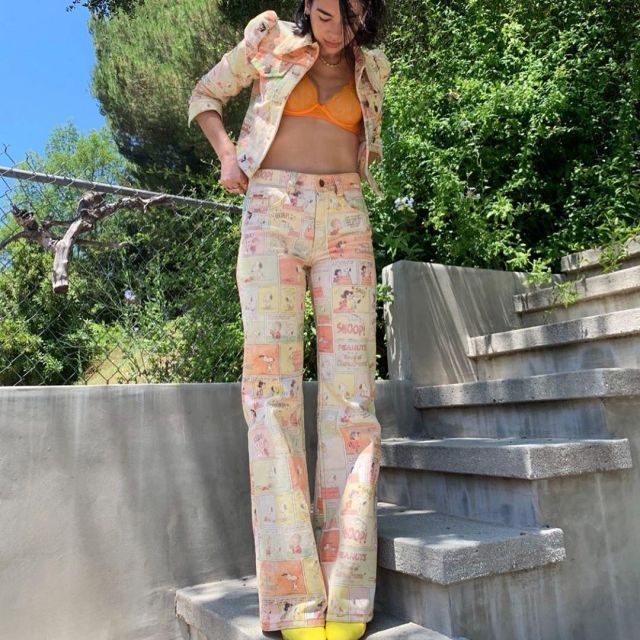 The printed jeans peanuts Dua Lipa on his account Instagram @dualipa