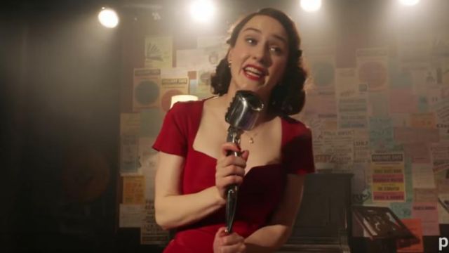 Red Off Shoulder Cocktail Dress worn by Rachel Brosnahan in The Marvelous Mrs. Maisel (Season 1)