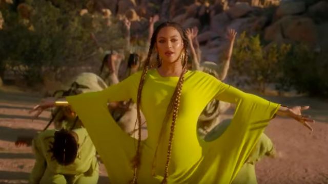 Four Sleeve Off Shoul­der Long Dress worn by Beyoncé in her Spirit (Disney's The Lion King) music video