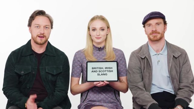 Purple dress short sleeve worn by Sophie Turner in Sophie Turner, James McAvoy and Michael Fassbender Teach You English, Scottish and Irish Slang