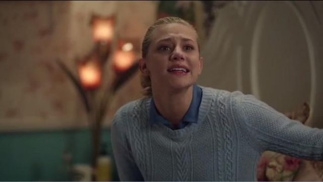 J. Crew Cable crewneck sweater with ruffle sleeves worn by Betty Cooper (Lili Reinhart) in Riverdale (Season 01 Episode 06)