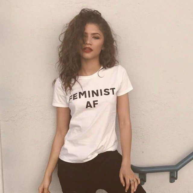Feminist AF White Round Neck T-shirt worn by Zendaya on her Instagram account @Zendaya