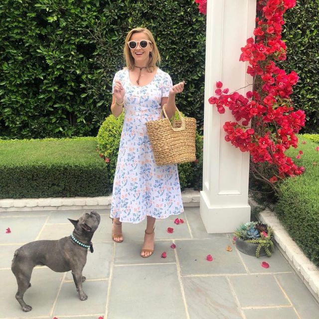 Draper James Straw Tote worn by Reese Witherspoon Instagram Post July 28 2019