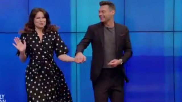Wrap black Dress with white dots worn by Katie Lowes on LIVE with Kelly and Ryan JULY 29, 2019