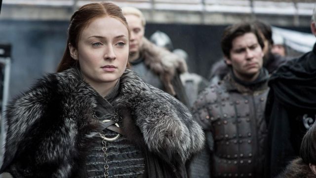 The replica of the costume of Sansa Stark (Sophie Turner) in Game of Thrones (S08E01)