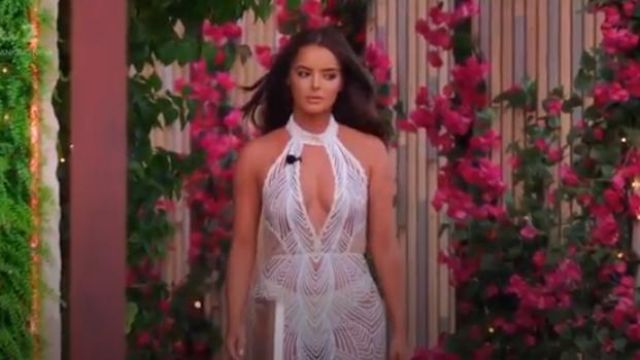 I Saw It First White Halter Neck Mesh Sequin Maxi Dress worn by Maura Higgins in Love Island Season 05 Episode 57 Spotern