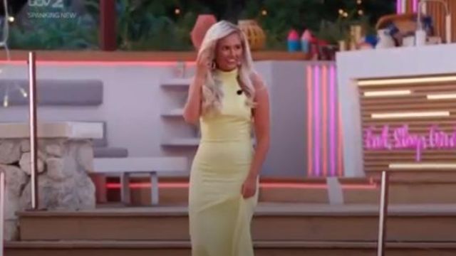 Jarlo high neck trophy maxi dress with open back detail in lemon worn by Molly Mae Hague in Love Island (Season 05 Episode 57)