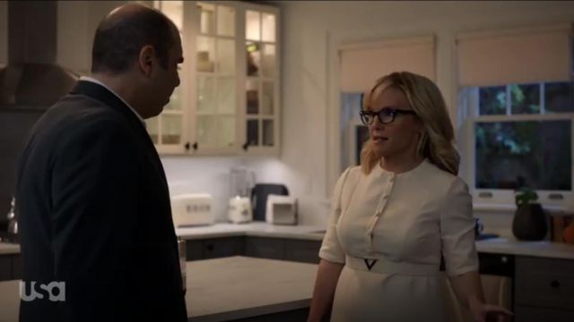 Valentino White Wool And Silk Midi Dress worn by Sheila Sazs (Rachael Harris) in Suits (Season 09 Episode 03)