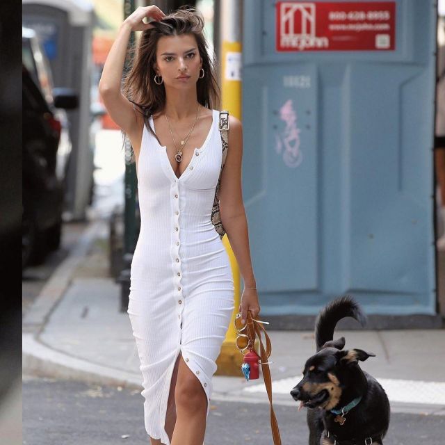The Line By K Harper Ribbed Stretch Cotton Jersey Dress worn by Emily Ratajkowski Walking Her Dog at Washington Square Park August 1, 2019