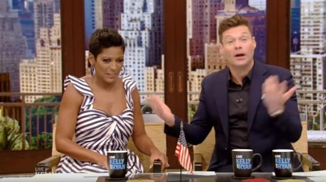 Jason Wu Collection Twist-devant rayé en coton popeline midi robe Blanche et la marine porté par Tamron Hall VIVRE avec Kelly et Ryan 2 AOÛT 2019
