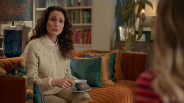 Maje  Faux Pearl-Embellished Knitted White Jumper worn by Andie MacDowell in Four Weddings and a Funeral (Season 01 Episode 03)