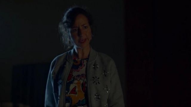 Banana Republic Grey Embellished Jewel Bomber Jacket worn by Carol Pilbasian (Kristen Schaal) in The Last Man on Earth (Season 03 Episode 03)