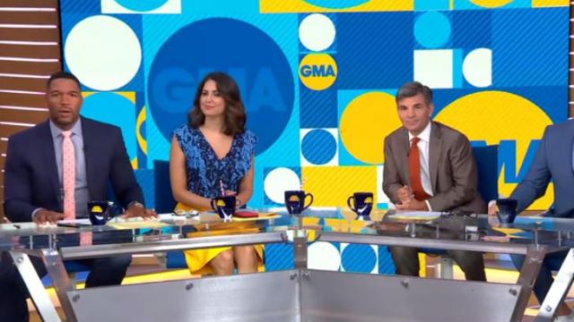 Parker Blue Flo­ral Ruf­fled Top worn by Cecilia Vega on Good Morning America AUGUST 8, 2019