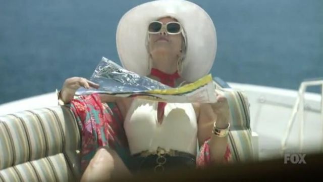 Carmen Marc Valvo One-Piece High-Neck Pleated Swimsuit worn by Pamela Brinton (Kristen Wiig) in The Last Man on Earth (Season 04 Episode 01)