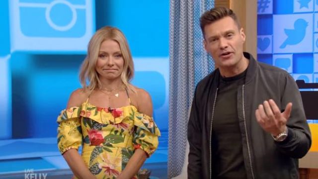 FARM Rio Golden Jungle Linen Midi Dress worn by Kelly Ripa on LIVE with Kelly and Ryan August 9, 2019
