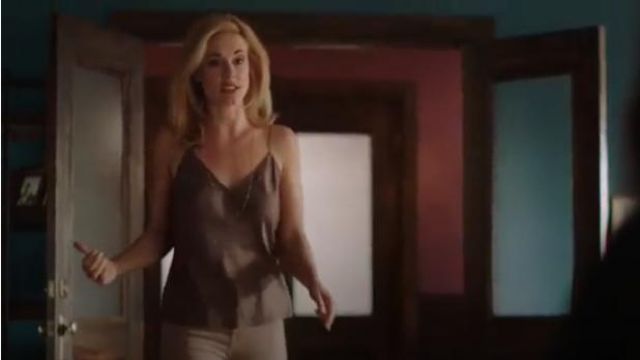 Theory Brown Polka-dot sleeveless silk top worn by Kelly Anne Van Awken (Molly Burnett) in Queen of the South (Season 04 Episode 10)