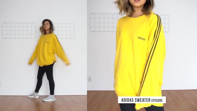 Adidas sweatshirt in yellow worn by Clothesnbits as seen in her Everyday  Uni Outfits YouTube video | Spotern