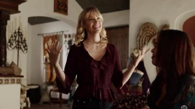 Topshop Ruffle Lips Printed Wrap Blouse worn by Melissa Chartres (January Jones) in The Last Man on Earth (Season 04 Episode 14)