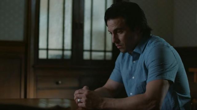 Short sleeve shirt casual blue worn by Denny Swift (Milo Ventimiglia) in The Art of Racing in the Rain