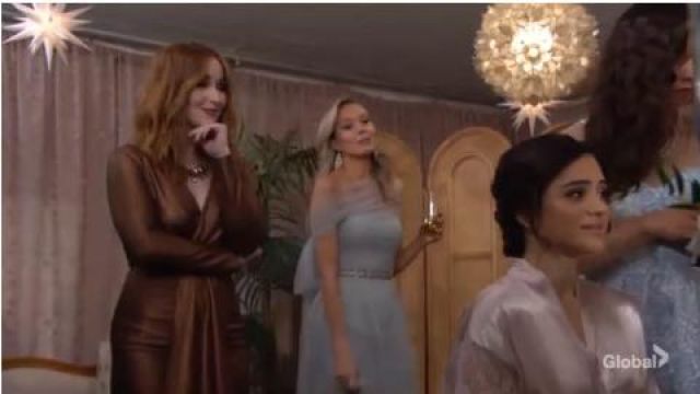 Aidan mattox V-Neck Long-Sleeve Foiled Knit Mi­ni Dress worn by Mariah Copeland (Camryn Grimes) as seen on The Young and the Restless