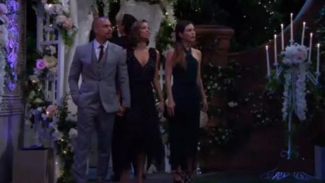 The kooples Metal­lic-Dot Mi­di Wrap Dress in Navy worn by Elena Dawson (Brytni Sarpy) as seen on The Young and the Restless August 15, 2019