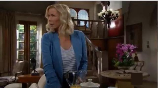 Generation love Ju­niper Ruched Sleeve Blaz­er in Blue worn by Brooke Logan (Katherine Kelly Lang) as seen on The Bold and the Beautiful August 19, 2019