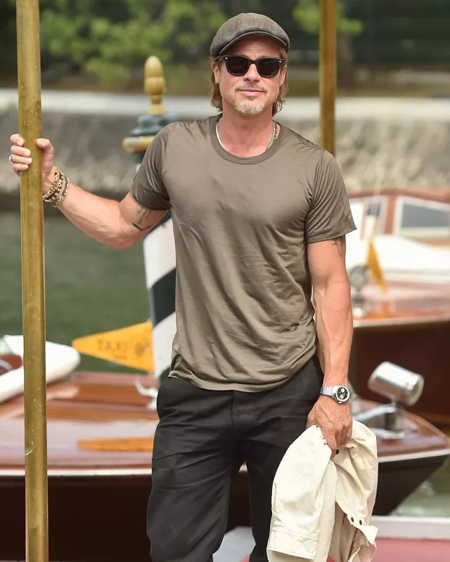 Lunettes de soleil Garrett Leight portées par Brad Pitt à son arrivée au Lido pour la 76e édition de la Mostra de Venise, le 28 août 2019
