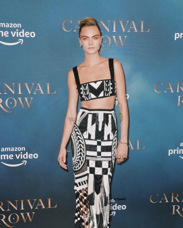 Balmain Fringed Embroidered Patchwork Silk Maxi Skirt worn by Cara Delevingne Carnival Row Screening in London August 28, 2019