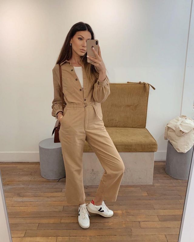 beige long sleeve jumpsuit