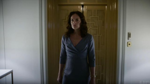 Long Sleeved Plunge Midi Dress in Navy worn by Marisa Coulter (Ruth Wilson) in His Dark Materials (S01)