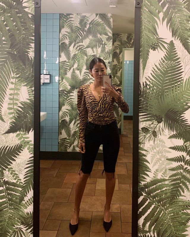 Brown zebra long sleeve V neck top worn by Aimee Song on @aimeesong